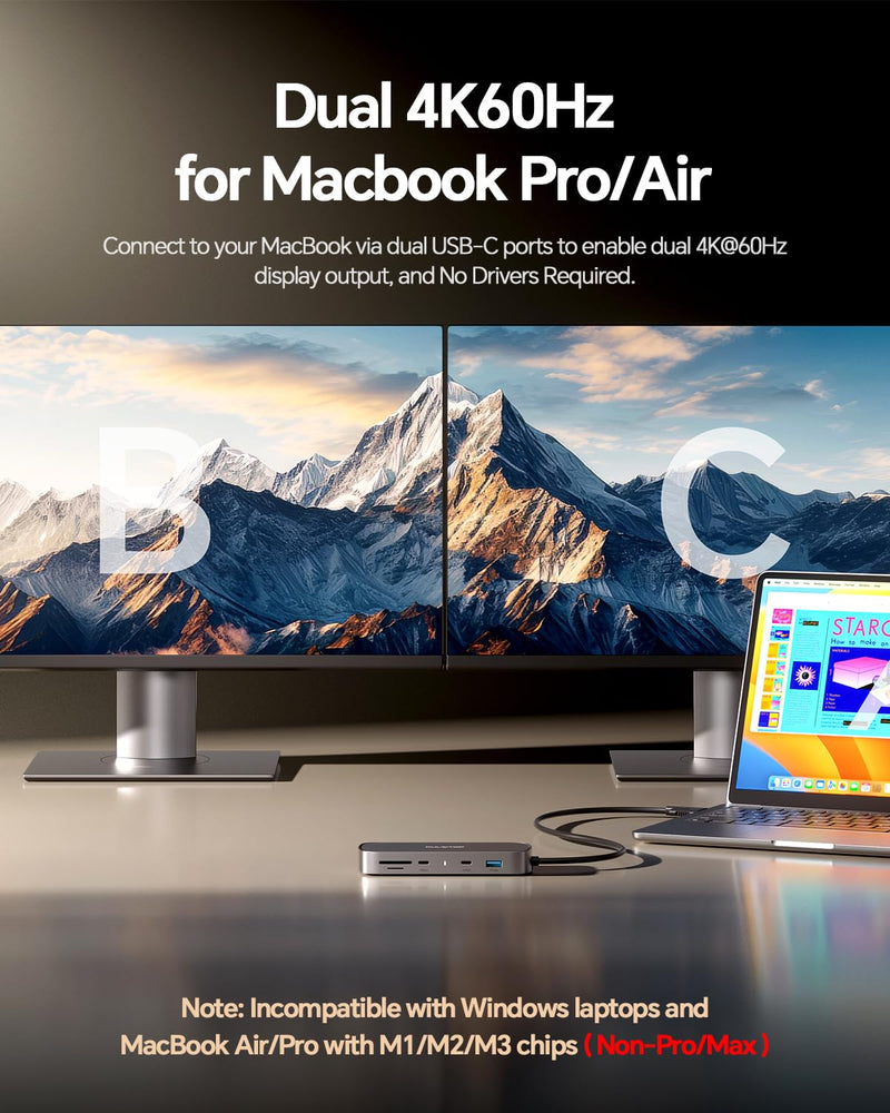 MacBook Pro Docking Station Dual Monitor 4K@60Hz for M5/M4/M3 Pro & Max | PULWTOP Mac Docking Station Dual Monitor, Macbook Pro Dock Hub with 2 HDMI, Ethernet, USB 10Gbps for Mac Multi-Screen Users Macbook Pro Docking Station Dual Display
