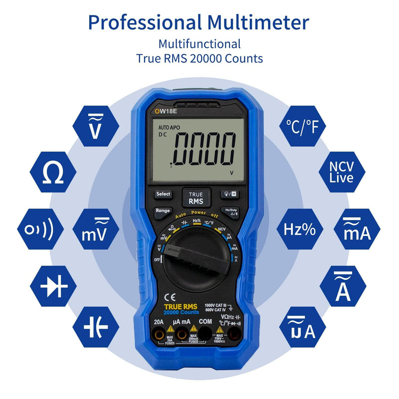 OWON OW18E Bluetooth Digital Multimeter, 20000 Counts True RMS Voltmeter, Auto-Ranging Current Amp Resistance Diodes Continuity, Data Logger, Thermometer, Offline Recording O-18E