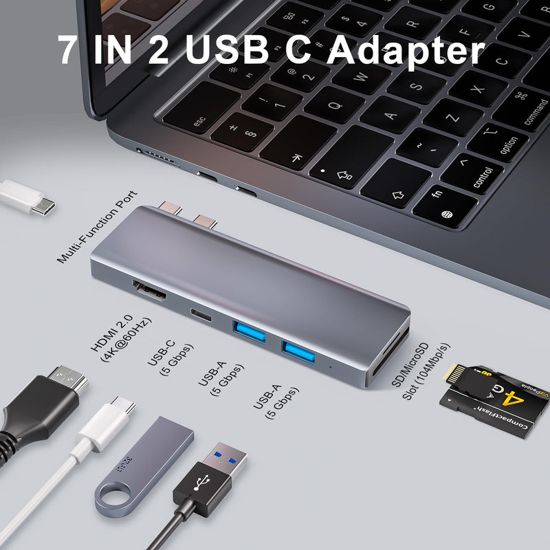 USB C Hub, USB C Adapter, 7 in 2 USB-C Hub for MacBook with Thunderbolt 4, 4K HDMI, Type C, 2 USB A, SD/TF Card Reader, Compatible with MacBook Pro 2016-2024, MacBook Air 2018-2025 (Midnight) Midnight