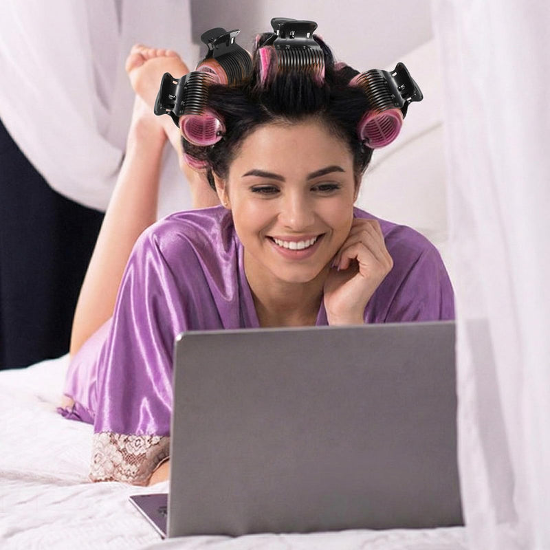 16 Pcs Self Grip Hair Rollers Set 8 Self Grip Rollers and 8 Hot Roller Clips Black Hair Curler Claw Clip Versatile Hairs Roller Clip Effortless Curls and Waves for Women Long Medium Short Hairs Bangs