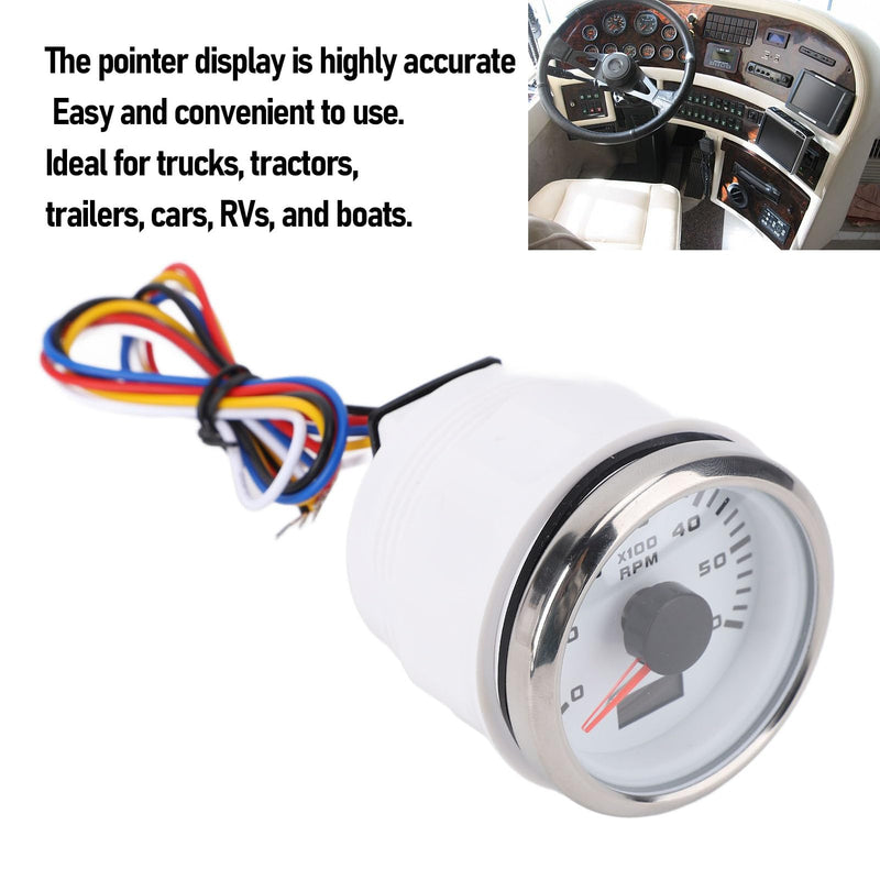 Denash 52mm /2in Tachometer, 6000RPM Tachometer for Gasoline Engines with 7 Backlight Colors, 9-32V DC for Trucks Cars Boats (White Dial Silver Cover CX6228) White Dial Silver Cover CX6228