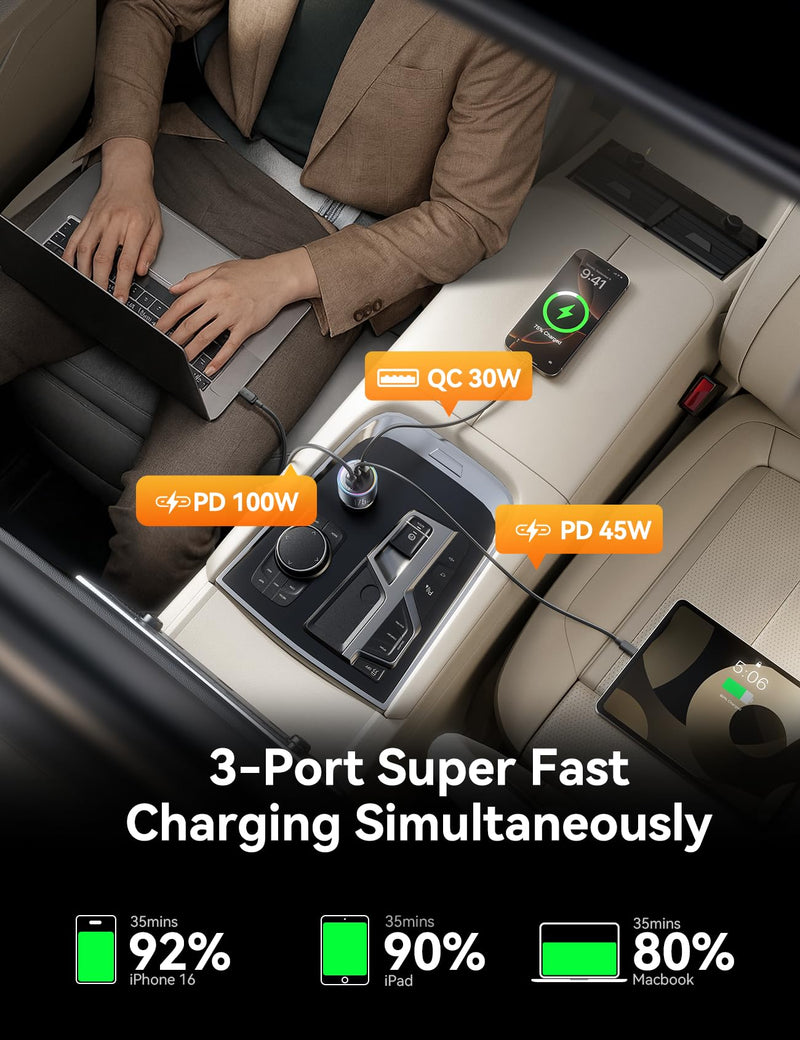 JOYROOM 175W USB C Car Charger Fast Charging, 3-Port Car Phone Charger PD100W+45W+USB30W Type C Car Charger Adapter with 100W USBC Cable Compatible with iPhone 16 Pro Max/16e, Samsung, iPad, Laptop
