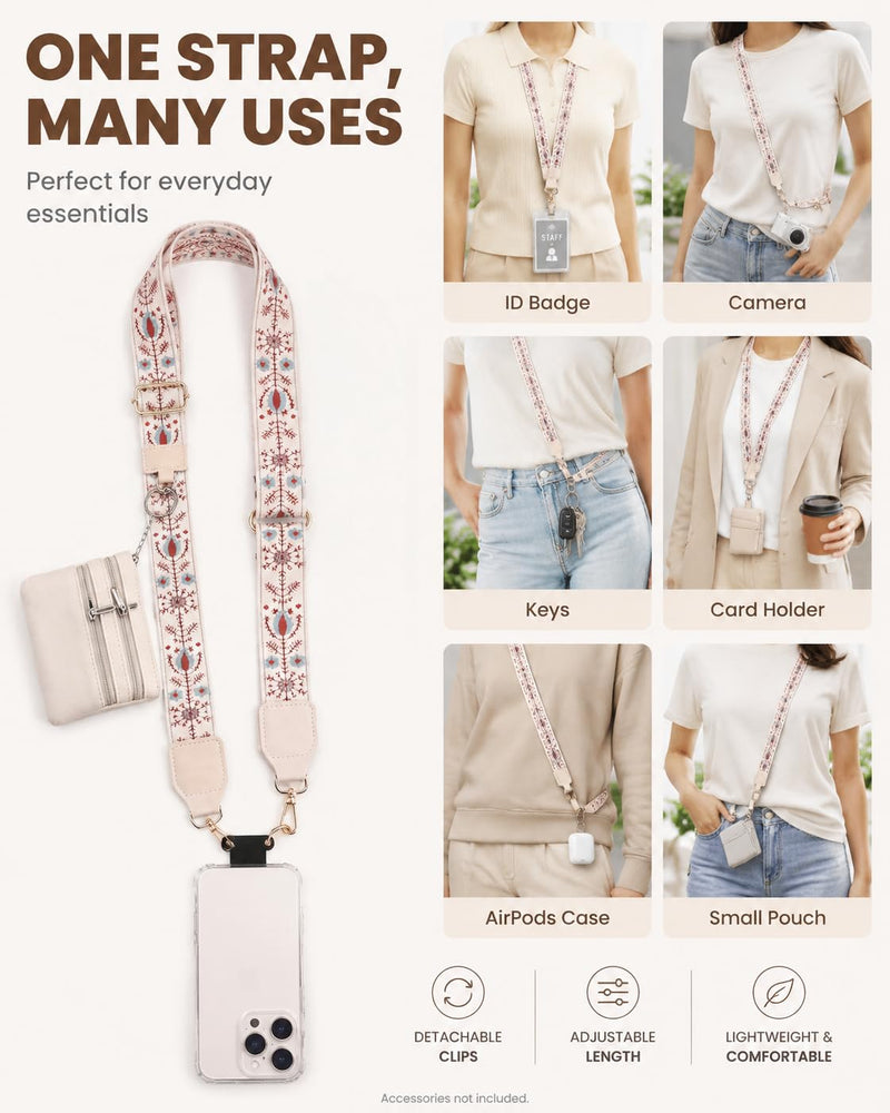 Phone Lanyard Card Holder, Adjustable White Strap Pattern Crossbody Neck | Detachable Card Wallet, Neck & Crossbody Strap for Travel, Shopping, Daily Use, Hands-Free Phone Accessory for Smartphones
