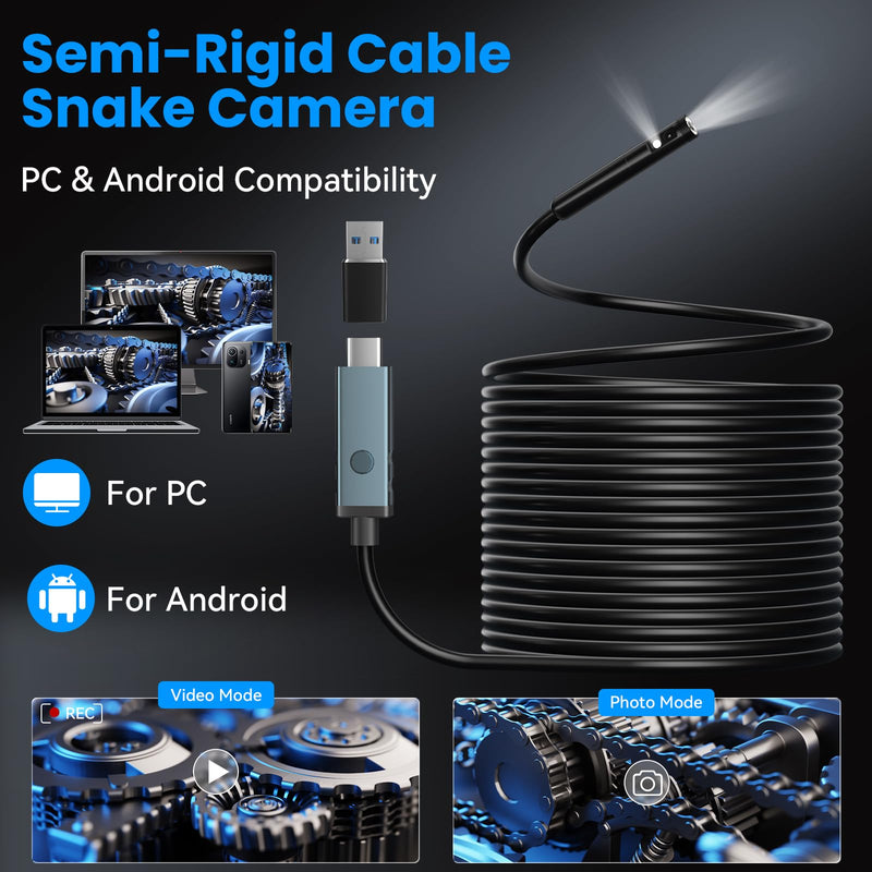 KIRFEIHT Endoscope Camera with Light, Dual Lens IP67 Waterproof Industrial Borescope with 32GB Card, Detachable 16.4FT Semi-Rigid Snake Cord, Android & PC Compatible for Plumbing HVAC Automotive Dual-Lens