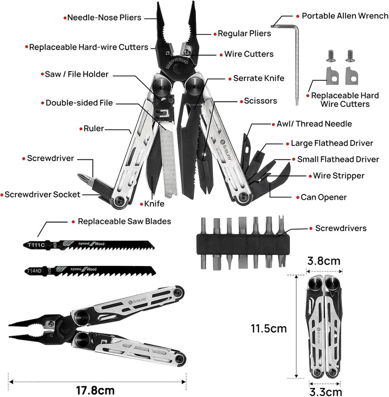 BIBURY Multitool Pliers Pro BI2045, Stainless Steel 31-in-1 Multi Tool Pliers with Replaceable Wire Cutters and Saw,Foldable Multitools with Scissors and Screwdriver, Ideal for Camping,Survival,Repair