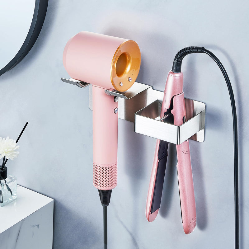  [AUSTRALIA] - Hairdryer and Straightener Holder, Hair Dryer Holder Wall Mounted, Hair Straightener Holder, Stainless Steel Straighteners Stand, Bathroom Storage for Hairdryer and Curling Iron (Silver) Silver