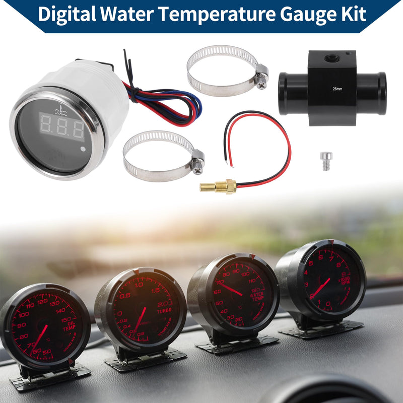 1.02" Universal Digital Water Temperature Gauge Kit with Black Joint Pipe Radiator Sensor Adaptor 100-300F - DC 12V Automotive LED Display 26mm