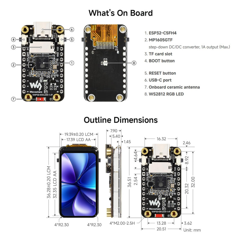 Waveshare ESP32-C5 1.47inch LCD Dev Board,172×320,with pre-soldered headers | 262K color,supports 2.4GHz/5GHz Wi-Fi 6 and BLE5,Integrated display, onboard TF card slot and multiple peripheral interfaces