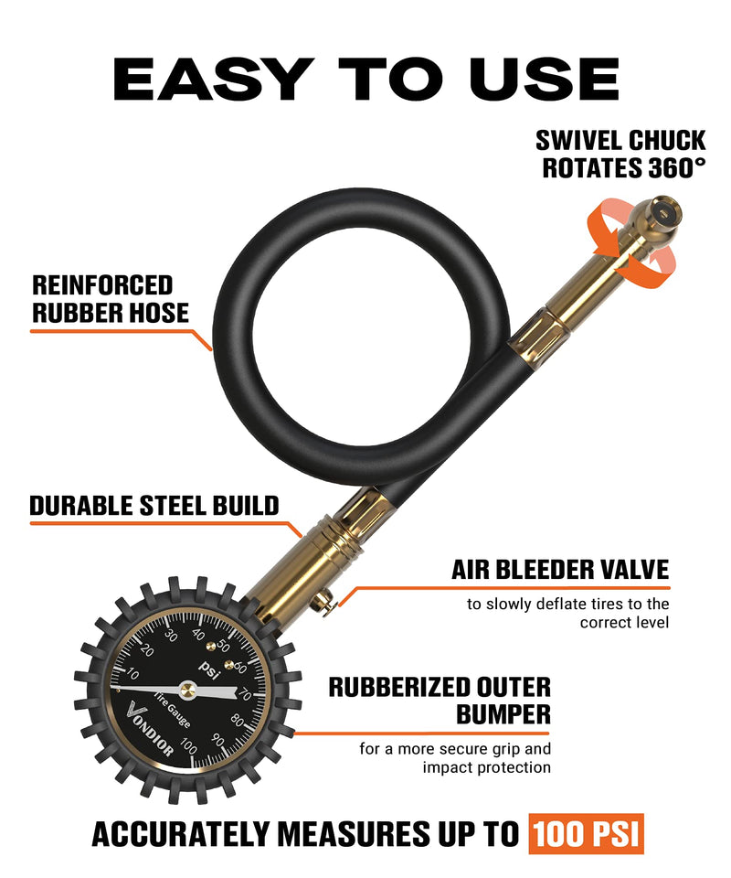 Vondior Heavy Duty Tire Pressure Gauge with Large Glow Dial - ANSI Certified for Cars and Trucks, Easy-Read and Stocking Stuffer for Men Black 0-100 PSI