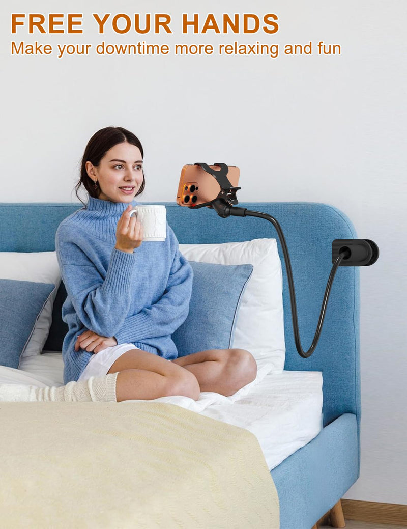 Phone Holder for Bed, Gooseneck Phone Holder for Desk Bedside Table, Flexible Gooseneck Long Arm Stand with Adjustable 360°Cell Phone Mount Clamp Clip for iPhone and All 4-7" Phone