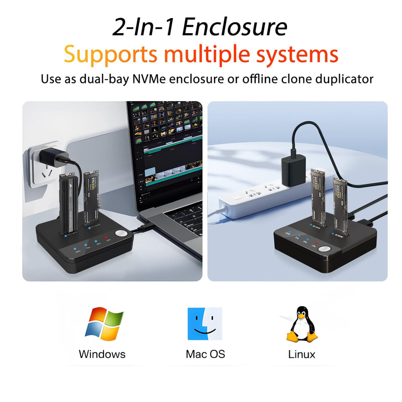 SETHDA M.2 NVME/SATA Duplicator, Dual-Bay Offline Clone M.2 NVME/SATA Docking Station, M.2 Reader 10Gbps for Both (M Key, B+M Key) PCIE NGFF Dock, Size 2230/2242/2260/2280/22110 Enclosure