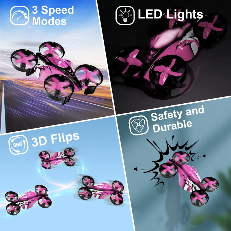 2 In 1 Mini Drones for Kids Remote Control Drone with Land Mode or Fly Mode, LED Lights,Auto Hovering, 3D Flip,Headless Mode and 2 Batteries,Toys Gifts for Boys Girls (Harbor Pink) Harbor Pink