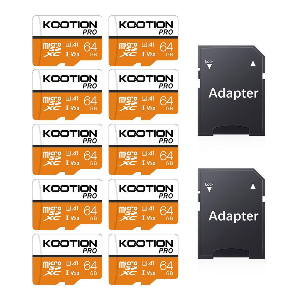 KOOTION 64GB Micro SD Card 10-Pack with Adapter, High-Speed TF Flash Memory Card U3, A1, V30, 4K UHD, microSDXC Memory Card