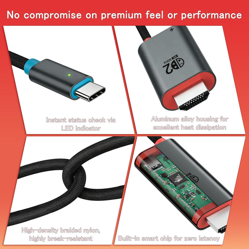 for Switch 2 Dock HDMI Adapter, 4K@60Hz TV Output, PD 100W USB-C Fast Charging, Type-C to HDMI Cable Compatible with Switch 2/OLED/Steam Deck/ROG Ally/Laptops/Phones 6.6FT
