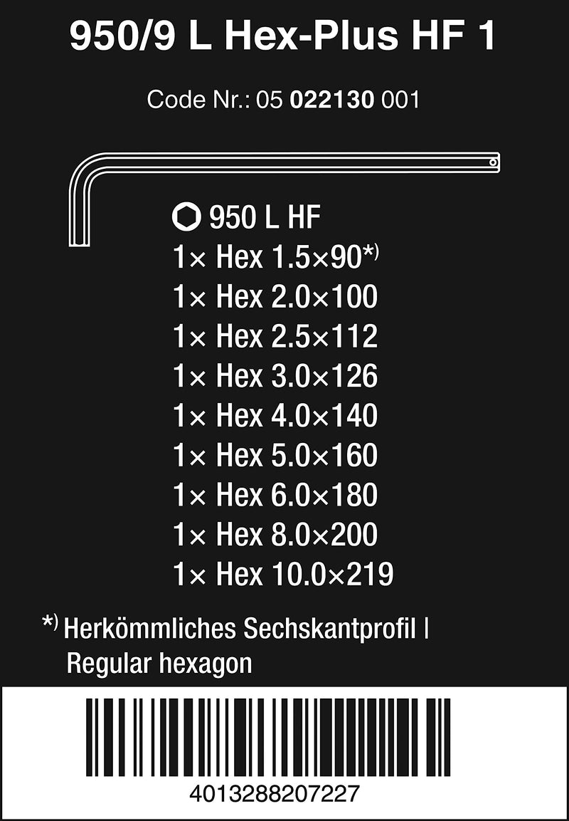 WERA 05022130001 950/9 L Hex-Plus HF 1 L-Key Set, Metric, Chrome-Plated, with Holding Function, 9 Pieces Classic