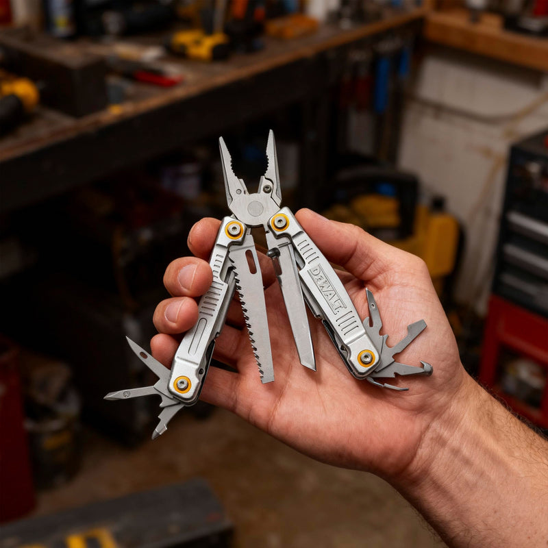 DEWALT 12-in-1 Multitool with Pliers, Knife, Saw, Screwdrivers, Bottle & Can Opener – Stainless Steel Folding Pocket Tool with Sheath & Belt Clip for Construction, Trades & Jobsite Use