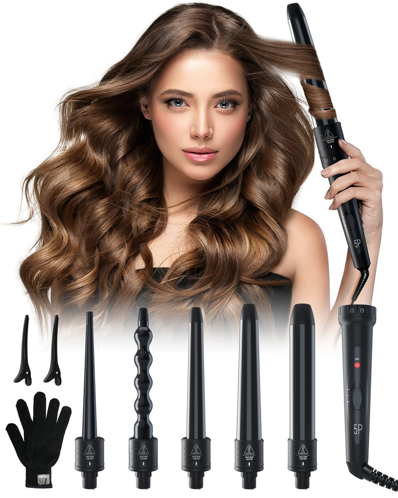 5 in 1 Curling Wand Set, Ohuhu Ceramic Barrels Hair Curler (9-32mm) | Dual Voltage, Heats in 30 Second, 356-410°F Adjustable, Travel-friendly, Lightweight, 2 Clips & Heat Glove, Gift for Women Black