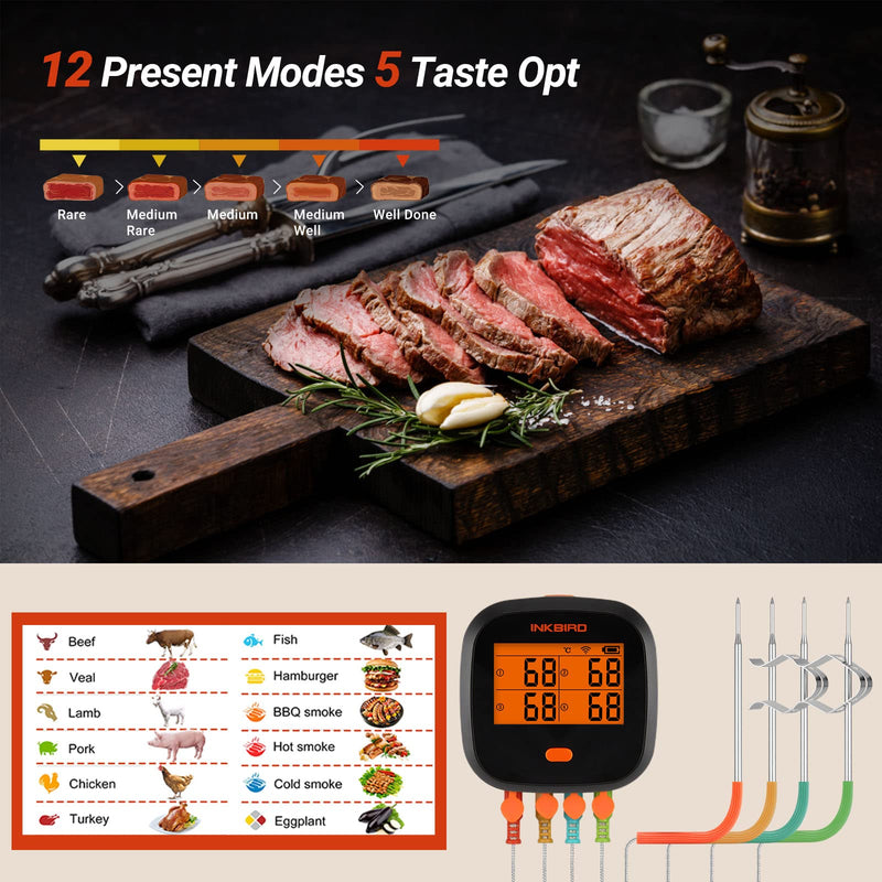 INKBIRD WiFi Meat Thermometer for Grilling, Unlimited Rang Rechargeable BBQ Thermometer APP Calibration, Temp Graph Mobile Notification, 4 Colorful Probes Food Thermometer for Pellet Smoker Oven