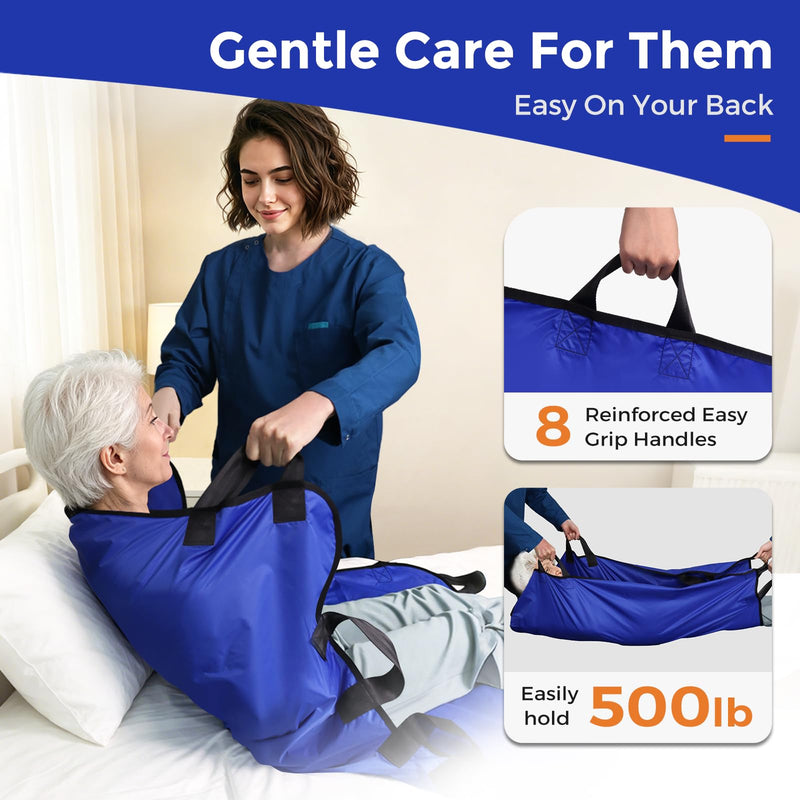 YHK Positioning Bed Pad, Draw Sheet, 8 Reinforced Handles, Reusable & Washable Transfer Sheet for Turning, Lifting, Repositioning, Lightweight Double-Sided Nylon Fabric (Blue, 36"x 46") 36''x46''