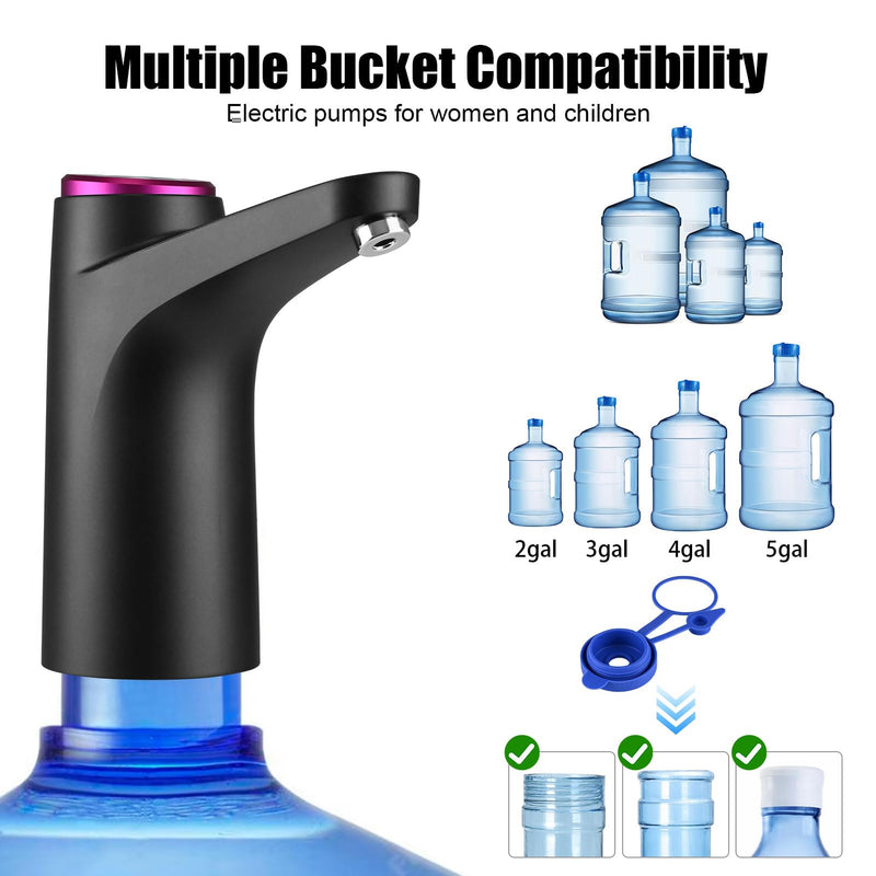 5 Gallon Water Pump with Mobile Base, USB Rechargeable Electric Water Dispenser for Bottle, Portable Automatic Pump Anti-Shake for RV Camping Home Office - Black