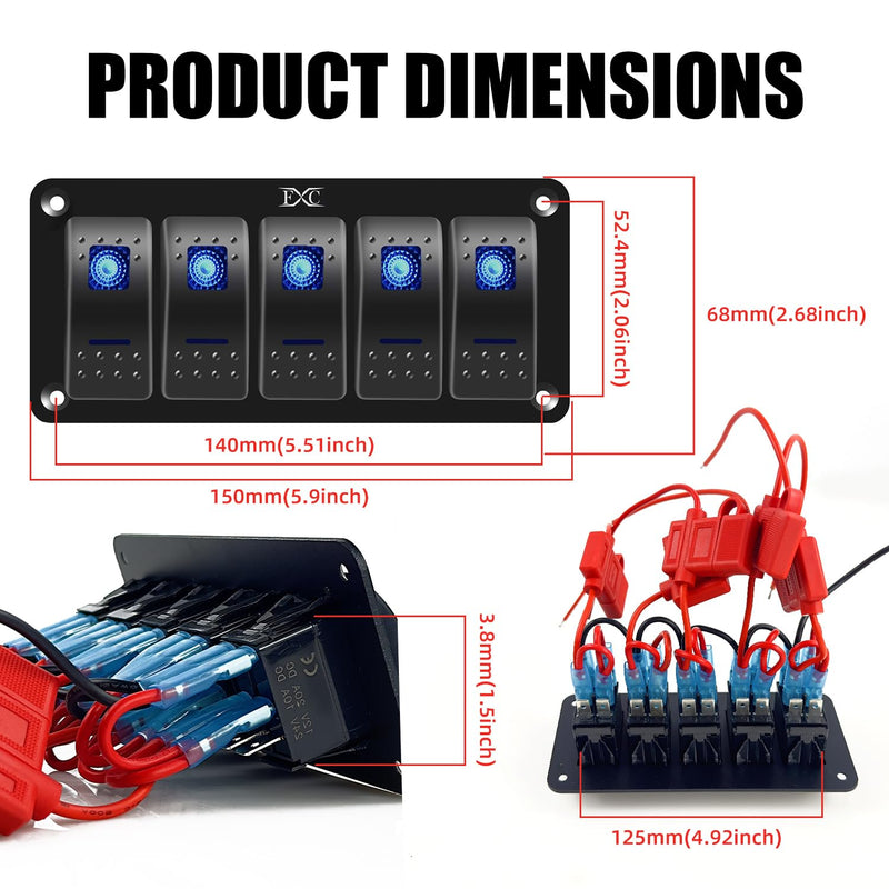 FXC Pre-Wired 5 Gang Rocker Switch Aluminum Panel with 40A Inline Fuse, Waterproof 6-Pin On-Off Car Boat Switch, Blue LED Switch Panel for Marine Boat Automotive RV Truck ATV Vehicles 12V/24V