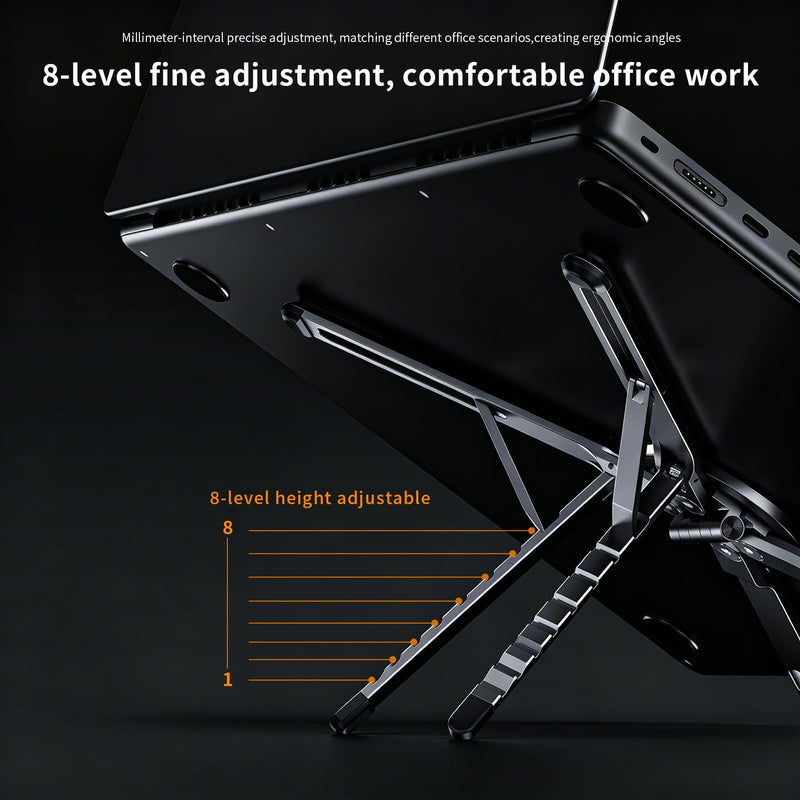 Magnetic Laptop Stand, 3-in-1 Foldable Aluminum Riser, Grey | 8-level height adjustment, built-in phone holder, fits 10-16 inch laptops, ergonomic foldable for desk office work