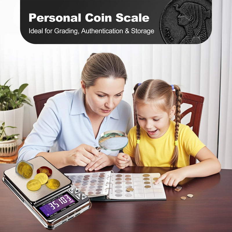 MEIYA Coin Scale, 600g x 0.01g Jewelry Scale with 7 Units & 3 Charging Interfaces, Digital Portable Pocket Gram Scale for Coin Collectors, Jewelers, Gold, Silver Dollar