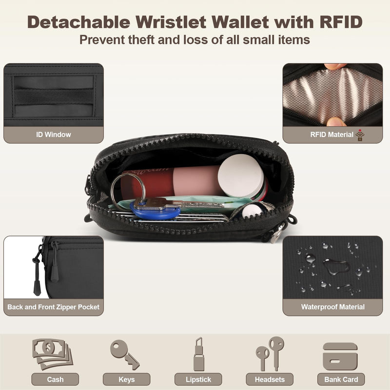 Clip and Go Strap for Phone with Wallet Crossbody, Adjustable & Detachable Phone Lanyard with RFID Wristlet Wallet, ID Window, Zipper, Universal Phone Strap for All Phones, Black (M) Medium