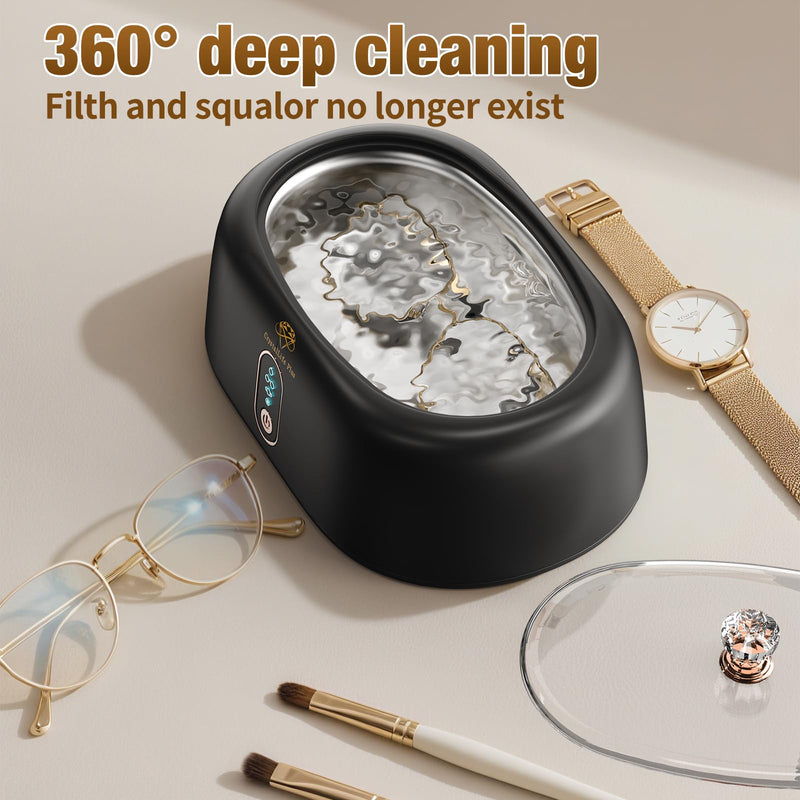 Ultrasonic Cleaner - 45KHz Ultrasonic Cleaner Machine for All Jewelry, Eyeglasses, Watch Straps, Retainer, Dentures. 16oz 304 Stainless Steel Tank with 4 Cleaning Modes, Gift for Wife,Mom,Daughter Black
