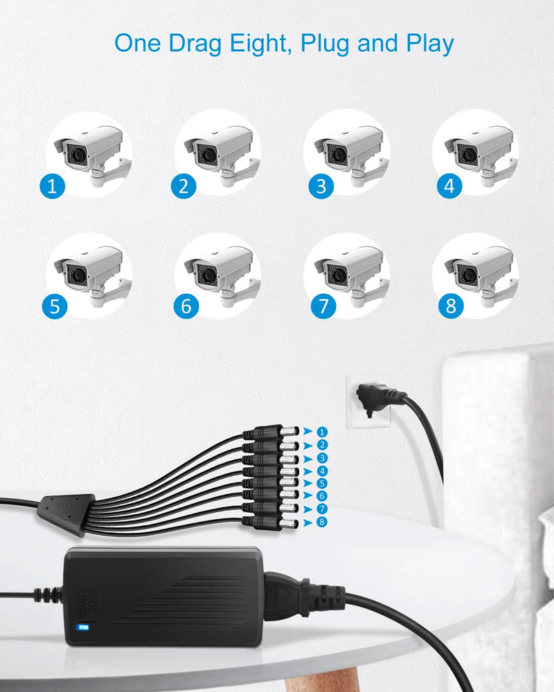 ALITOVE Security Camera Power Supply Adpter 12V 5A with 8 Way Power Splitter Cable 5.5x2.1mm, 100-240V 50-60Hz AC to DC Converter for Analog AHD CCTV DVR Surveillance System (Extended Version 14.5ft) 5A (8-Way)