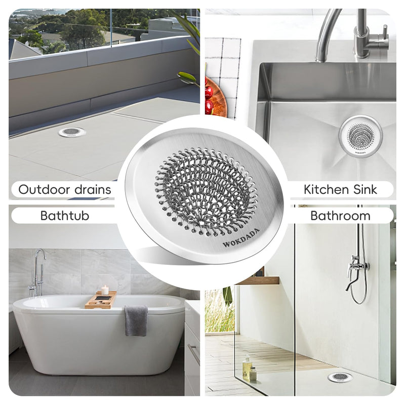 2 Pack Wokdada Bathtub Drain Hair Catcher, Wokdada Fast Drainage Shower Drain Hair Catcher, Reversible 304 Stainless Steel Drain Protector for Pop-Up and Regular Drains of Bathroom(Patented Product) Silver Silver