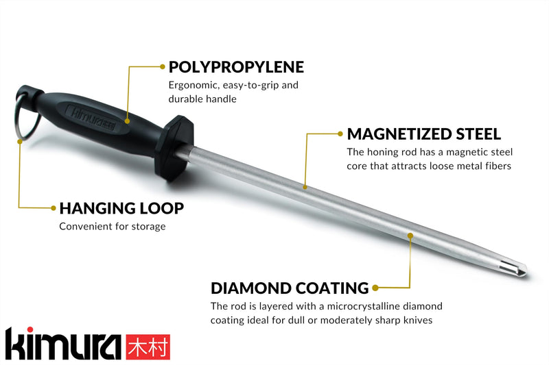Kimura Professional Diamond Honing Rod, 10 Inch, Silver, Extra Fine Grit, Magnetized, Ergonomic Handle, Versatile Knife Sharpener, Japanese Gift Box