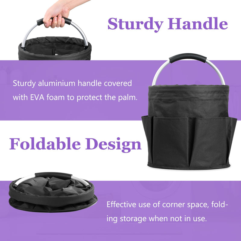 2Pack 17L Foldable Cleaning Supply Caddy for Family, Portable Shower Caddy with Handle and Pockets, Garden Tool Bag in 600D Oxford Fabric, Large Storage Basket for Dorm, Travel, Black + Pink 2PCS
