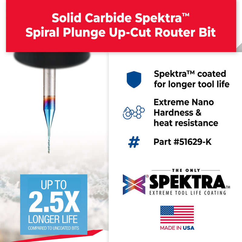 Amana Tool 51629-K SC Spektra Extreme Tool Life Coated Spiral Plunge 0.023 Dia x 1/8 CH x 1/8 SHK 2 Inch Long Up-Cut Router Bit
