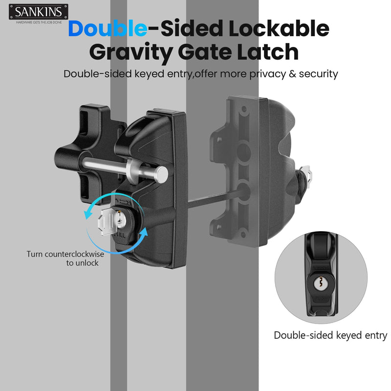Key Lockable Double Sided Gate Latch for Wooden Fence, Gravity 2 Way Gate Latch Vinyl Fence Gate Lock, Two-Sided Keyed Lock Outdoor Gate Latch for Metal Gates, Vinyl Fence, Wood, Black