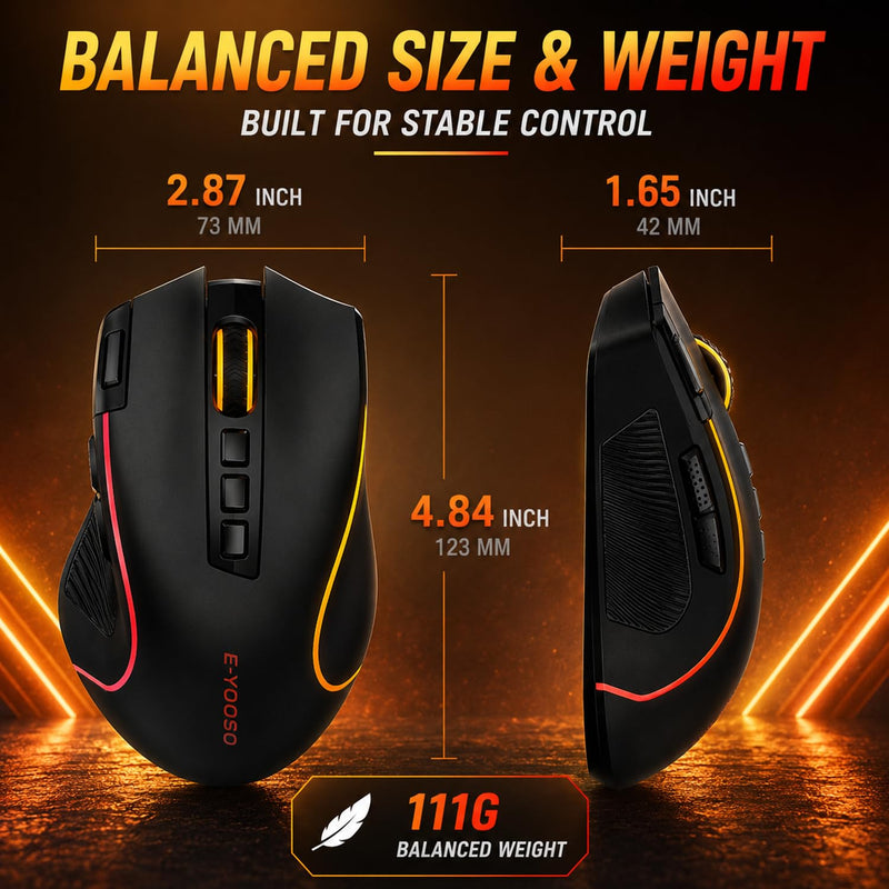 E-YOOSO Wireless RGB Gaming Mouse, Tri-Mode, 8000 DPI, Rechargeable | Rapid-fire key, 9 customizable buttons, 1000Hz polling, 75-hour battery, 6 RGB modes, for PC gaming and work Black