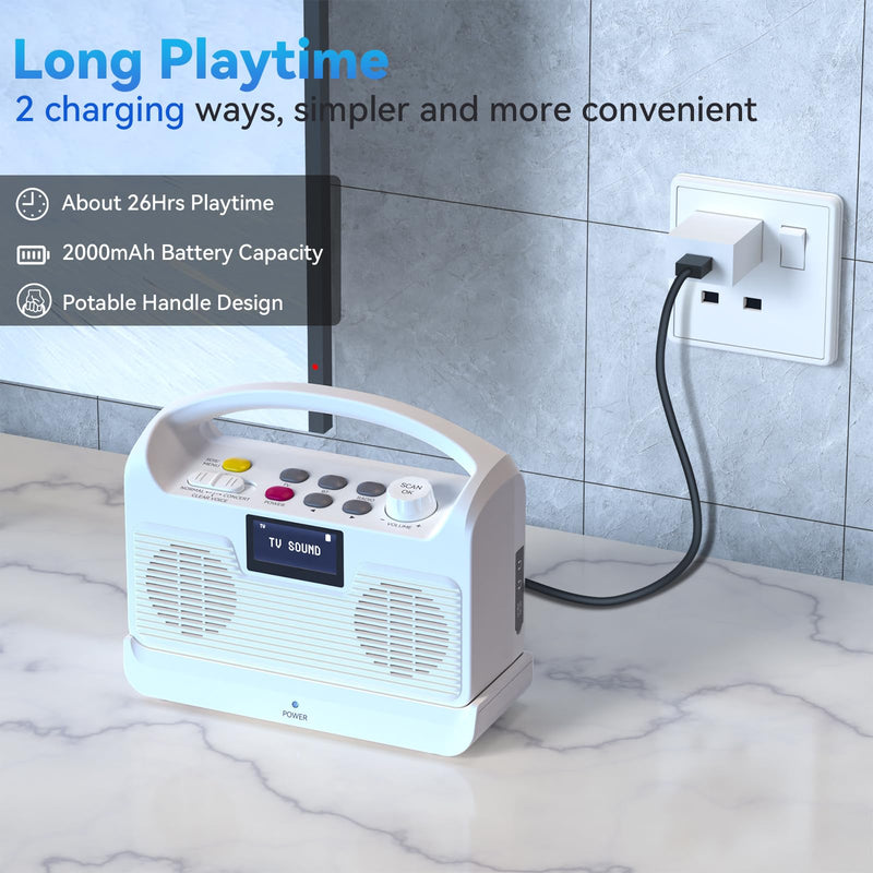 ANSTEN Portable Wireless Speakers for TV Voice Highlighting Wireless TV Speaker for Hard of Hearing Elderly, Dual Loudspeakers Bluetooth Speakers, 3 Sound Modes, LCD Display, SOS Function, FM Radio White