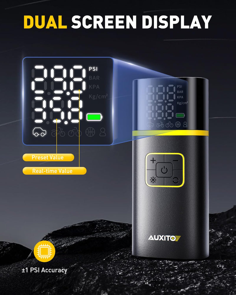 AUXITO Tire Inflator Portable Air Compressor - 150PSI 1Min Fast Inflate Air Pump for Car Tires with Tire Pressure Gauge, LED Flashlight, Portable Tire Inflatores for Car, Sedan, Motorcycle, Bike, Ball A301-5200mAh