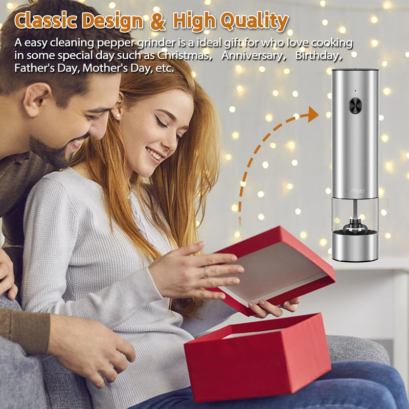 Stainless Steel Electric Pepper Grinder & Salt Mill Set - Battery Operated One-Hand Operation Adjustable Coarseness LED Light Transparent Container Easy Refill & Clean Push-Button Switch (2 Pack) Silver + two grinders