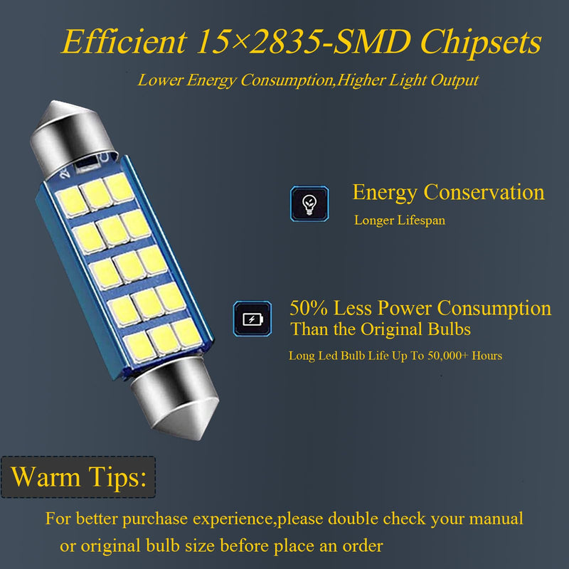 Pack-4 578 LED Extremely Bright Bulbs, 1.59" 6500K 2835 Chipsets 400LM Bulbs for LED Interior Dome Map Door Lights 211-2 212-2 569 6411 6451 41mm 42mm (White) 4 PCS White