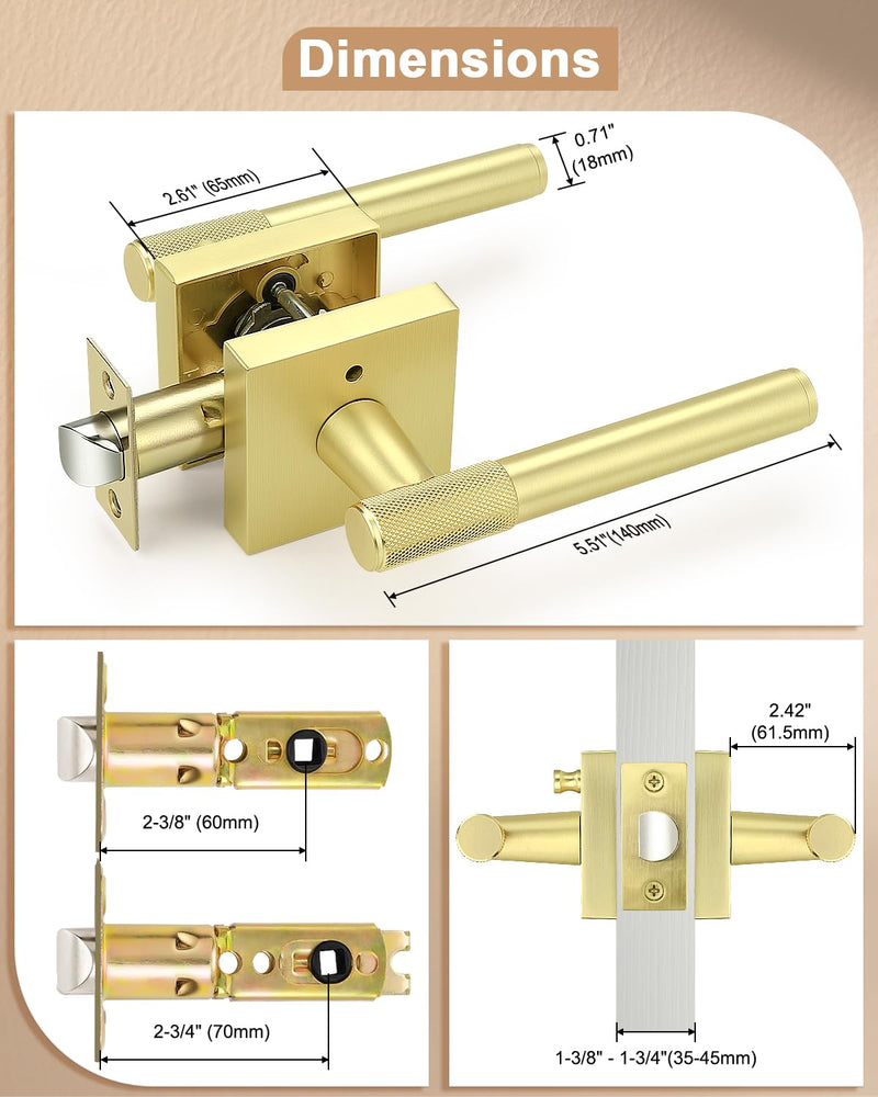 Probrico Brushed Gold Privacy Door Handle Interior, Knurled Keyless Locking Square Door Lever Handles, Reversible for Bathroom and Bedroom, 1 Pack
