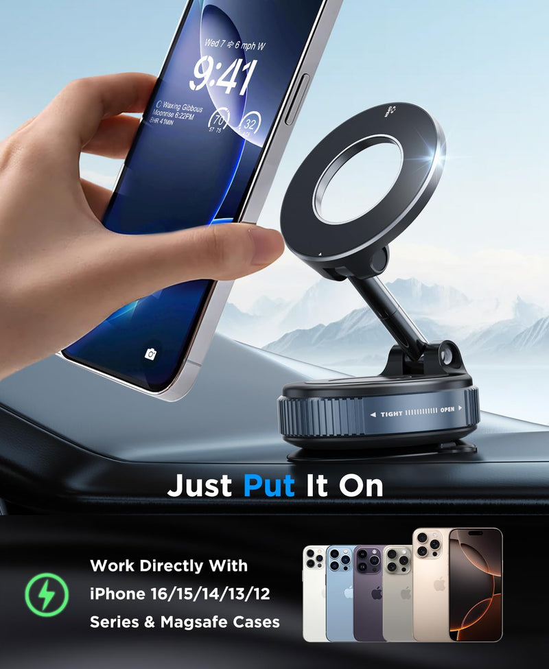 Beeasy for MagSafe Car Mount Upgraded Vacuum Suction Dashboard Phone Holder, 360° Adjustable Foldable Car Mount for iPhone17 16e 16 15 14 13 12 Pro Max, Fit for Gym/Smooth Surface, White