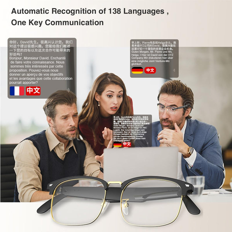 Ai Translator Glasses, Translator Smart Glasses, Smart Bluetooth Glasses, Music Bluetooth Sunglasses, Supports 138 Languages for Traveling,Doing Business and Making Friends (Black Silver) Black Silver