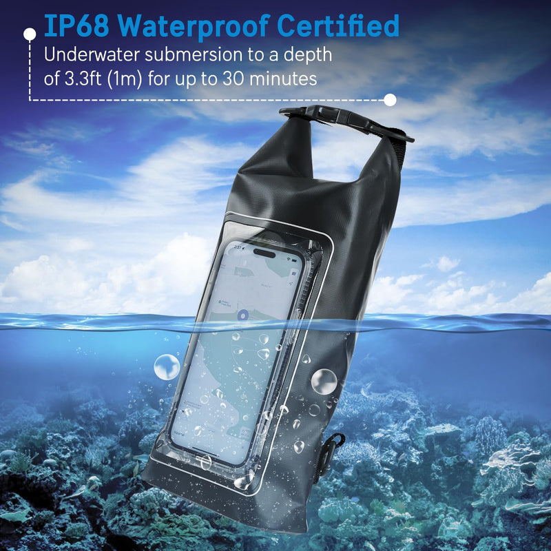 Pelican Marine IP68 Waterproof Dry Bag 2L - Roll Top Waterproof Backpack w/Phone Case/Pouch - Boating & Kayak Accessories - Essentials for Camping Swimming Beach Fishing Rafting Travel - Black Stealth Black - 2L
