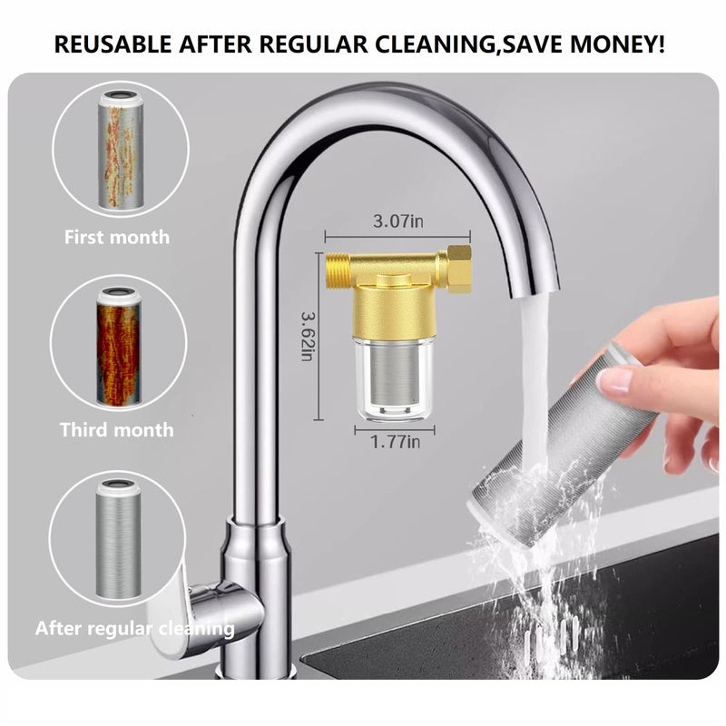 XZ03 Reusable Brass Sediment Filter, 40 Micron Washer Water Filter System, for Washing Machine, Heater, Camping, Protecting Appliances, Reduces Clothes Yellowing, Anti Scale Shower Filter