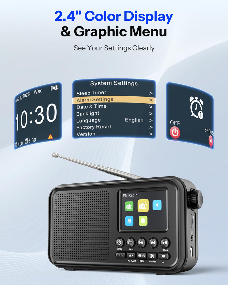 Portable FM Radio with Bluetooth, NOAA Weather Radio, 3000mAh Rechargeable | Auto Scan 40 FM Presets, 8W Speaker, 6 EQ Modes, Dual Alarms, Sleep Timer, 2.4" Color Display, Emergeny Radio SOS Black
