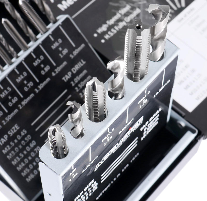 Accusize Industrial Tools HSS Tap and Drill Set, Metric, 18 Pc, 0001-0052 | 18 Pc HSS Tap and Drill Set, Metric, Taps: M2.5x0.45 to M12x1.75, Drills: 2.05 to 10.20 mm, Fully Ground