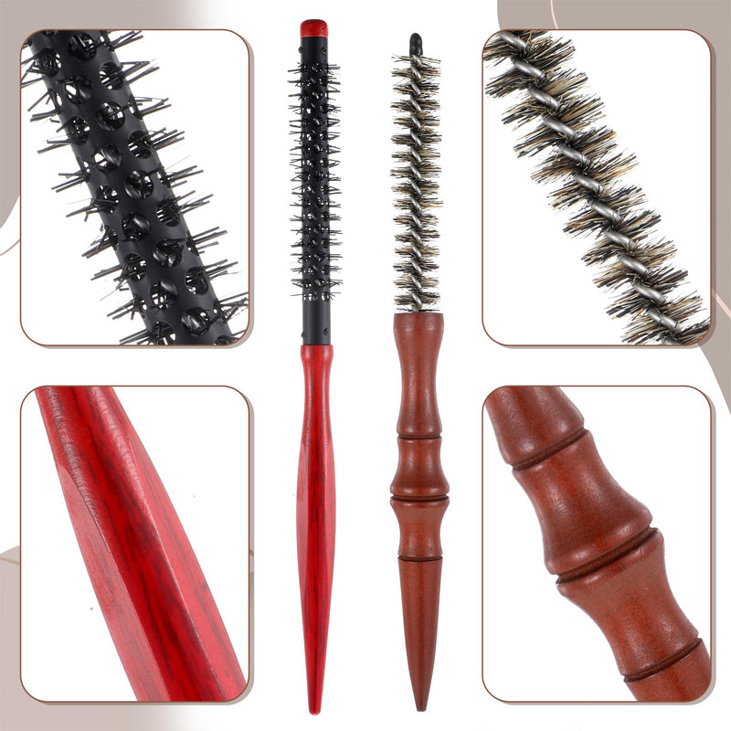 2 Pcs Small Round Brush Boar Bristle Round Brush Quiff Roller | Curling Brush hair Combs for Women Men Stiff Nylon Bristles for Styling Wet Dry Short Bangs Roots Straight Mustache Brushes