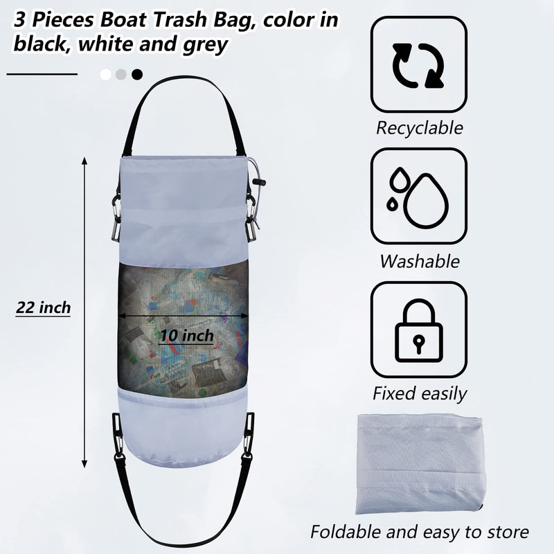 Gersoniel 3 Pack Boat Trash Bags Portable Boat Accessories Mesh Trash Bags Reusable Garbage Can for Kayak Pontoon Camper Fishing Outdoor Storage Cabin Black, Gray, White
