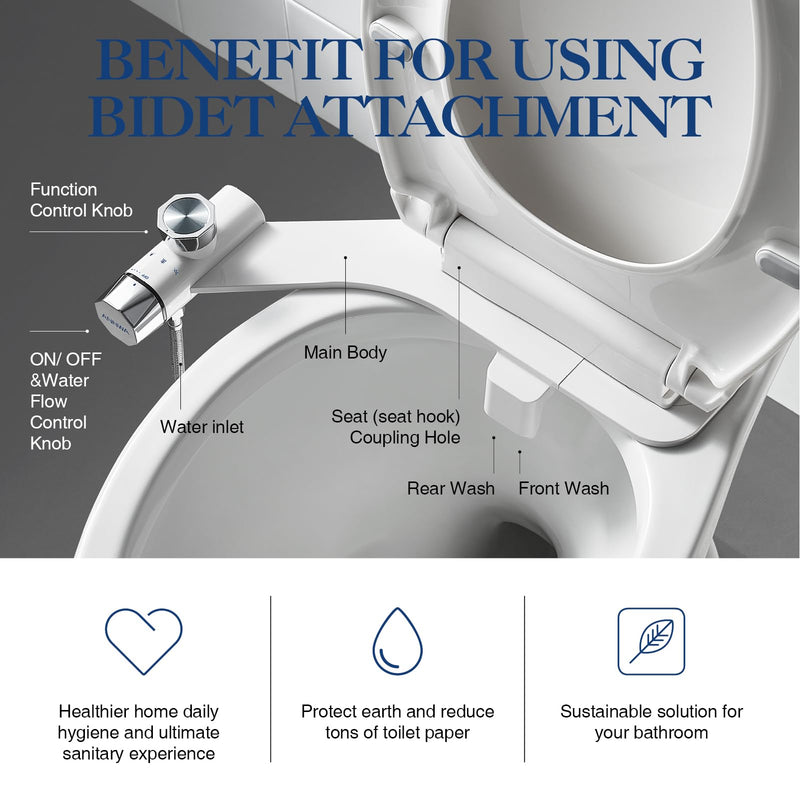 Non-Electric Bidet Attachment for Toilet Seat, Daul Clean Nozzles 3 Modes Adjustable Water Pressure Bidet Toilet Seat Attachment with Pressure Controls Feminine/Posterior Wash (TT17N) White